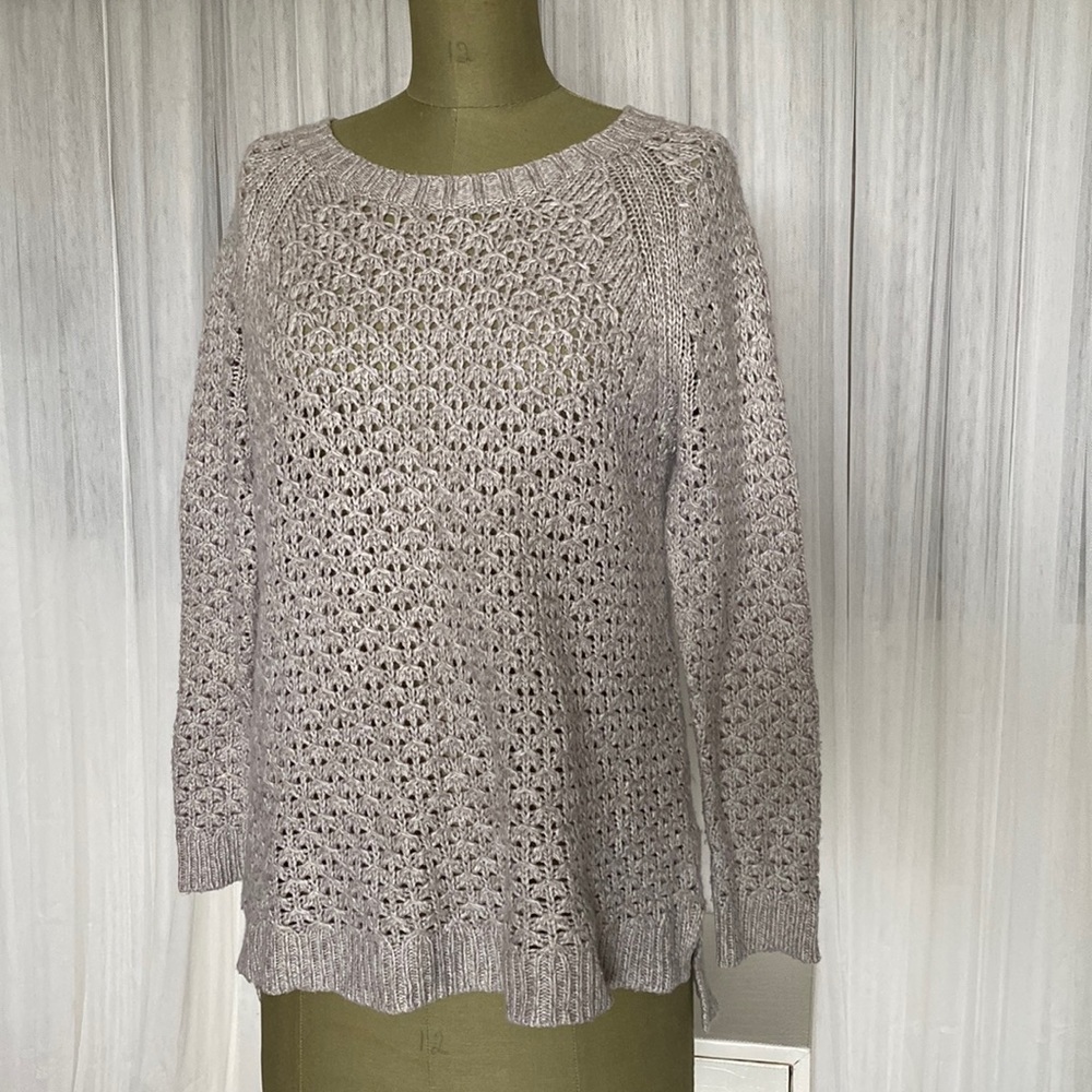 Light Taupe Open-Knit Crewneck Sweater